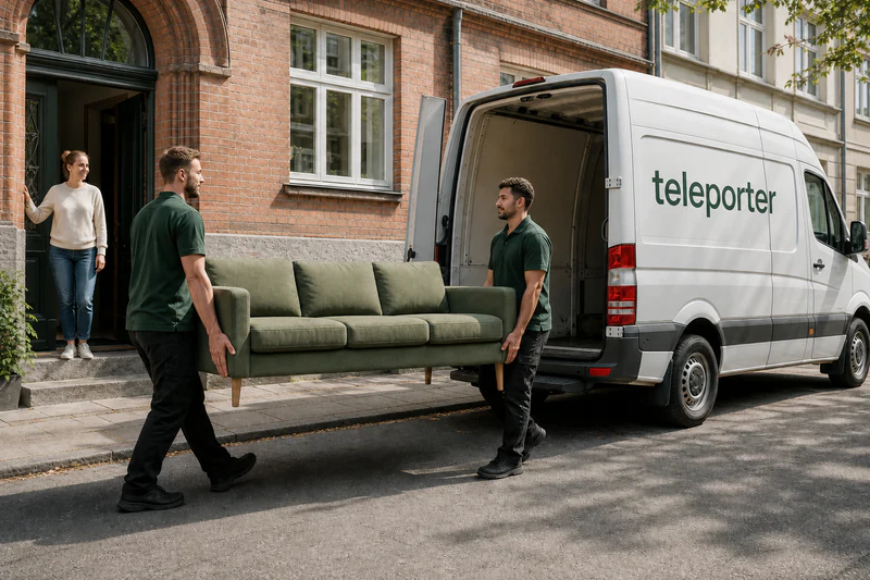 To flyttemænd bærer en sofa hen til en varevogn