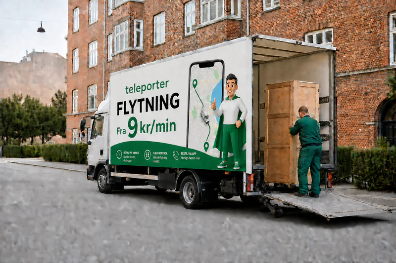 Stor flyttebil med lift ved en bolig i København